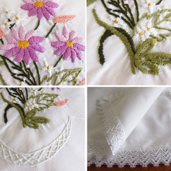 ドイツの手仕事/紫のお花や白い小花の手刺繍入り テーブルクロス (ヴィンテージ) 4枚目の画像