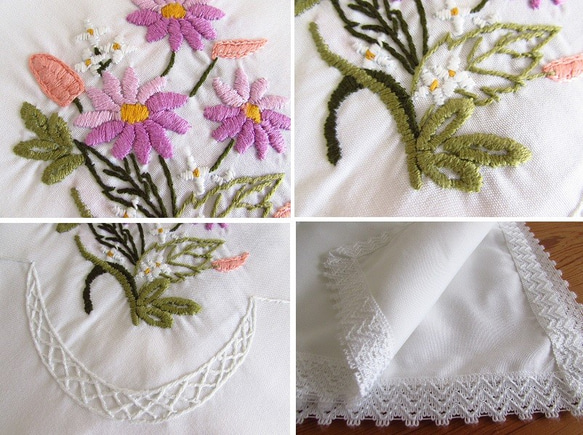 ドイツの手仕事/紫のお花や白い小花の手刺繍入り テーブルクロス (ヴィンテージ) 4枚目の画像