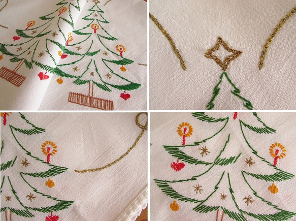 ドイツの手仕事★クリスマス★ぬくもりあるレトロなクリスマスツリーの手刺繍入り テーブルクロス (ヴィンテージ) 8枚目の画像
