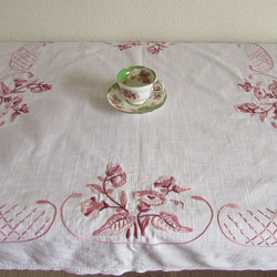フランスの手仕事/落ち着いたスモーキーピンク色のお花の手刺繍が素敵なテーブルクロス (ヴィンテージ) 3枚目の画像