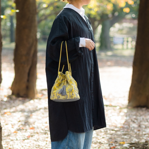 金華山巾着 ＜ミモザイエローのフラワー柄＞ 2Way ショルダー バッグ