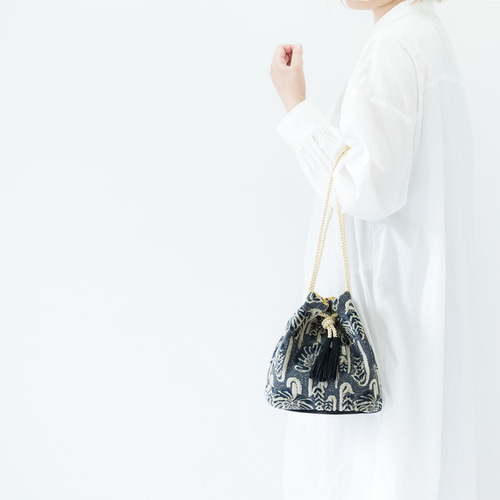 金華山巾着　ショルダーバッグ 金華山巾着 ＜ミントピンクのフラワー柄＞ 2Way ショルダー