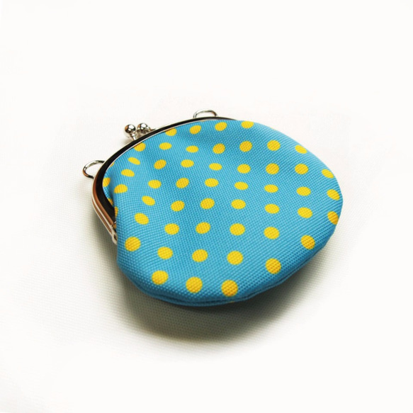 圓點圖紋(水藍色x檸檬黃) 可掛脖3.3吋 珠扣夾錢包 付掛脖子用帶子 第4張的照片