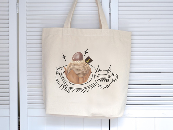 カフェ BAG モンブランケーキ　縦長トートバッグ　キャンバスバッグ　スイーツ　コーヒー　帆布 4枚目の画像