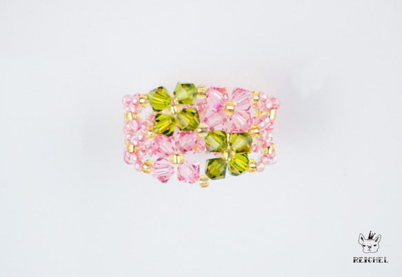 粉色×綠色珠子戒指 第3張的照片