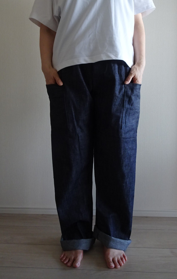 受注制作　８オンスインディゴデニムの丈長パンツ（総丈10０ｃｍ） 2枚目の画像