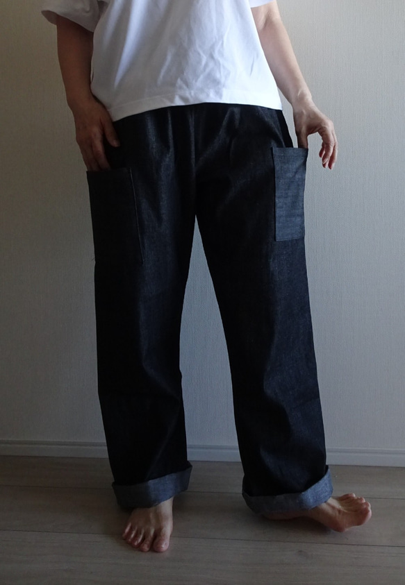 受注制作　８オンス ブラックデニムの丈長パンツ（総丈１０0ｃｍ） 2枚目の画像