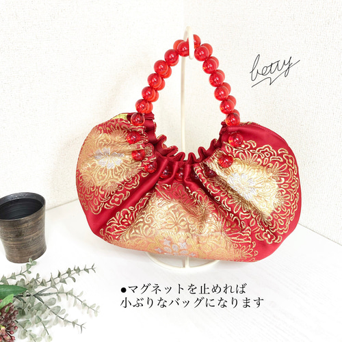 赤と金の花柄グラニーバッグ帯リメイク （A帯リメイクバッグ