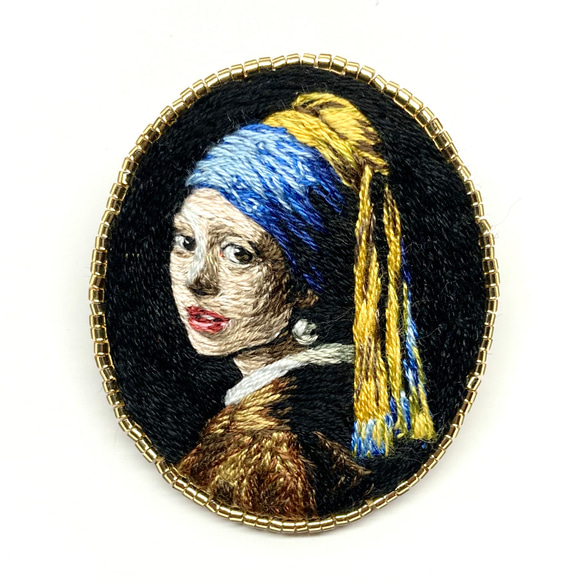 【ちゅるさまオーダー品】フェルメール 真珠の耳飾りの少女の手刺繍ブローチ