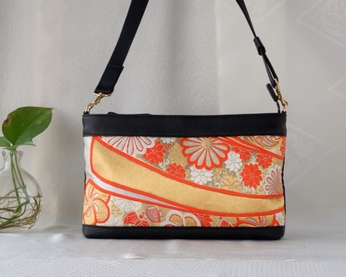 着物 ショルダーバッグ 白 オレンジ 熨斗 着物リメイク 帯