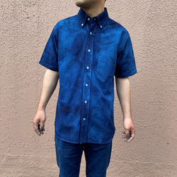 2021年定番！大特価！藍染めオックスフォード半袖Yシャツ 濃淡染め 男女兼用 1枚目の画像