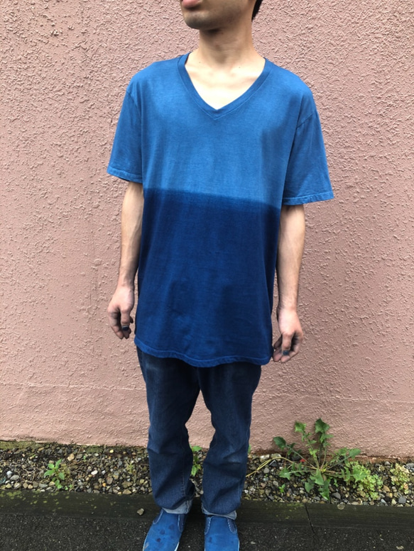 夏を彩る！日本の青！！藍染めツートンカラーVネックTシャツ XL