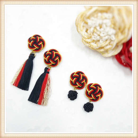 和風 赤黒金 水引のお花とタッセルのピアス·イヤリング 和 ピアス