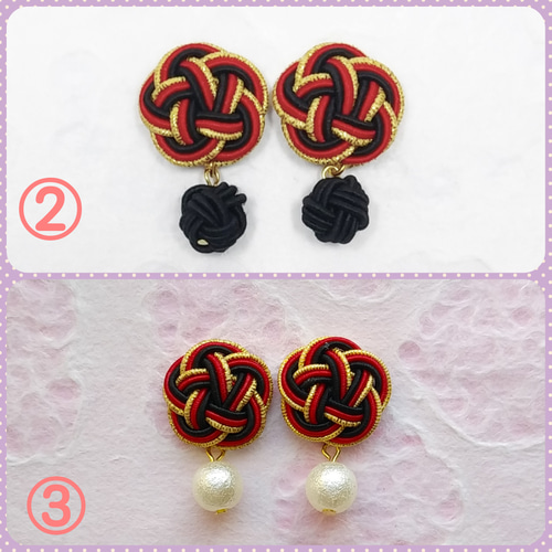 和風 赤黒金 水引のお花とタッセルのピアス·イヤリング 和 ピアス