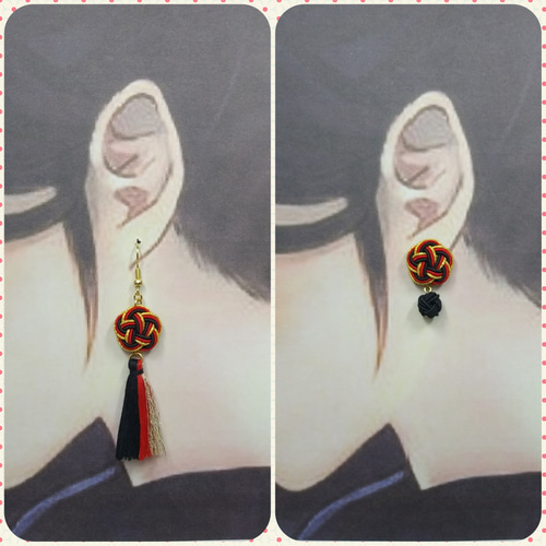 和風 赤黒金 水引のお花とタッセルのピアス·イヤリング 和 ピアス