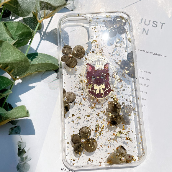 猫と桜 スマホケース人気押し花ケース iPhone13/iPhone15pro / 14plus全機種対応 4枚目の画像