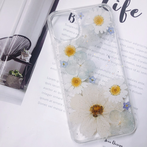 ハンドメイド押し花スマホケース　黄花コスモス テキスタリアン イエローコスモス 押し花 iPhoneケース iPhone