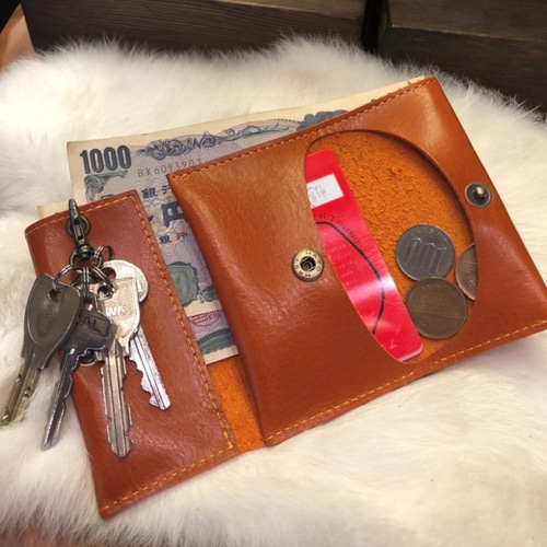 三つ折り財布 カラー 赤 （本革タンニン入りでヌメ革のような経年変化