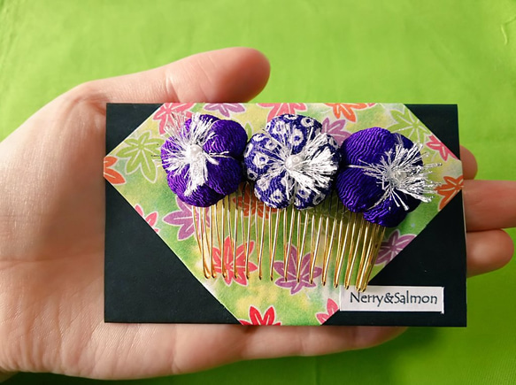 ちりめん細工✿梅花の櫛　紫 3枚目の画像