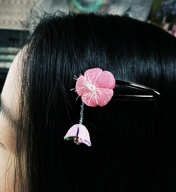 ちりめん細工✿梅花の髪留め　ピンク 5枚目の画像