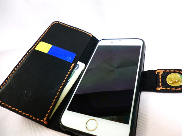 本革 i phone 6 / 6s 対応　手帳型ケース　ブラック×オレンジ 3枚目の画像