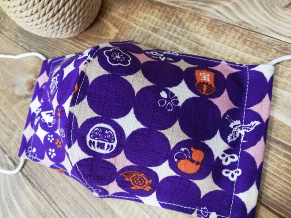 ご当地マスク！富士山柄（宝船等縁起物！）紫♡布マスク♡立体マスク♡Ｌサイズ 2枚目の画像