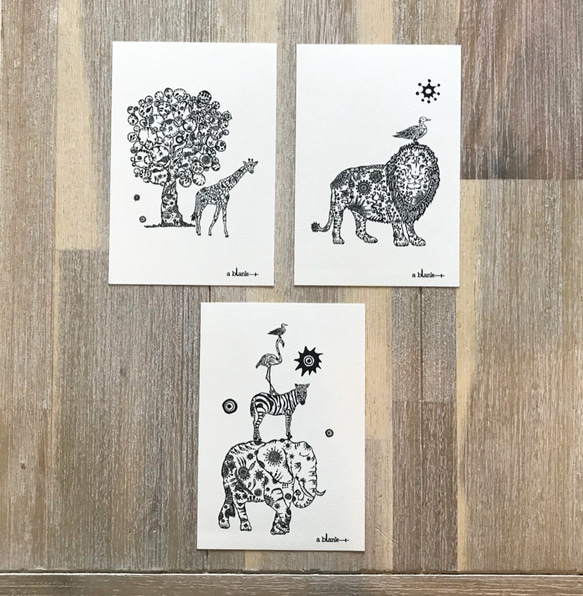 線画イラスト 動物シリーズ ポストカードセット①（キリン・ライオン