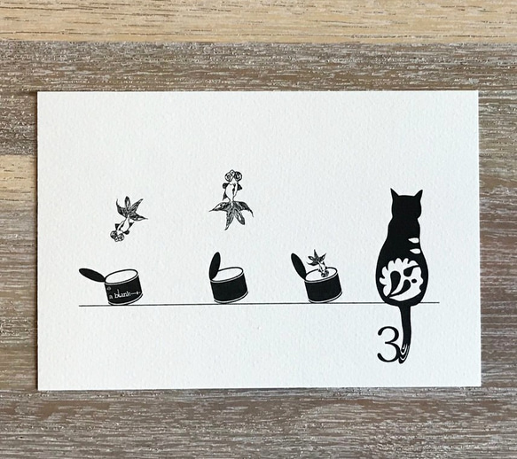 猫イラスト 線画　「金魚を数える猫」 ポストカードセット 2枚目の画像