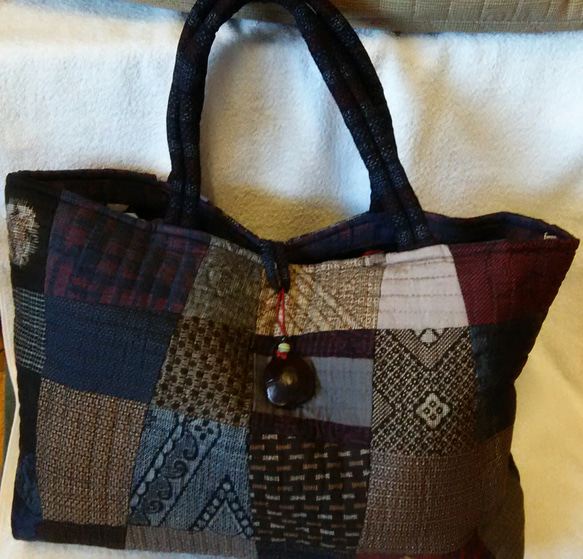 BK15 茶大島、絣、藍染、帆布、先染め 刺し子パッチワークねじり  