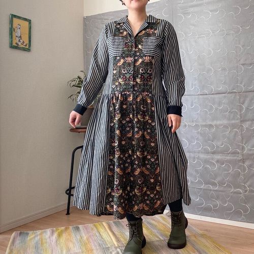 ウィリアムモリス×ヴィンテージ いちご泥棒とストライプの組み合わせ  