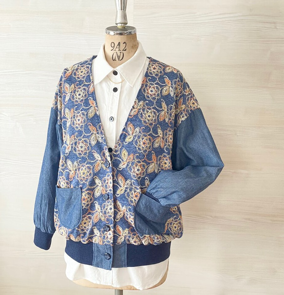 花柄刺繍のレトロカーディガン サックスブルー 裏地付き ゆったり