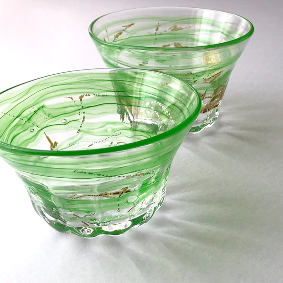 「Creema限定」緑彩箔器 2個セット／ガラス皿／ガラスボール／かき氷皿 3枚目の画像