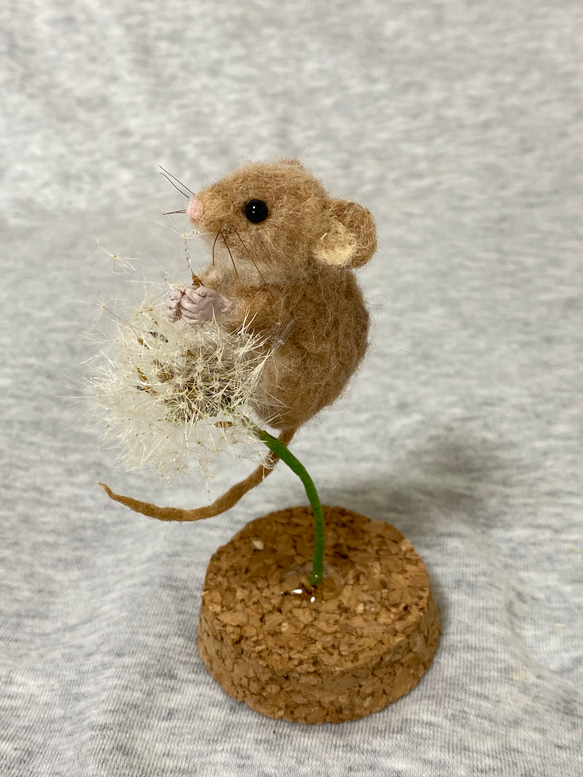 羊毛フェルト ネズミ with タンポポ綿毛のドライフラワー コルク