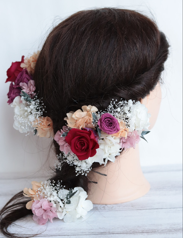 【カラーオーダーＯＫ】ボルドー&ラズベリーのバラのヘッドドレス＊プリザーブドフラワー&ドライフラワー 3枚目の画像
