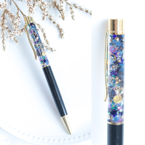 ハーバリウムボールペン＊宇宙・時空空間/ゴールド&ブラック＊無料