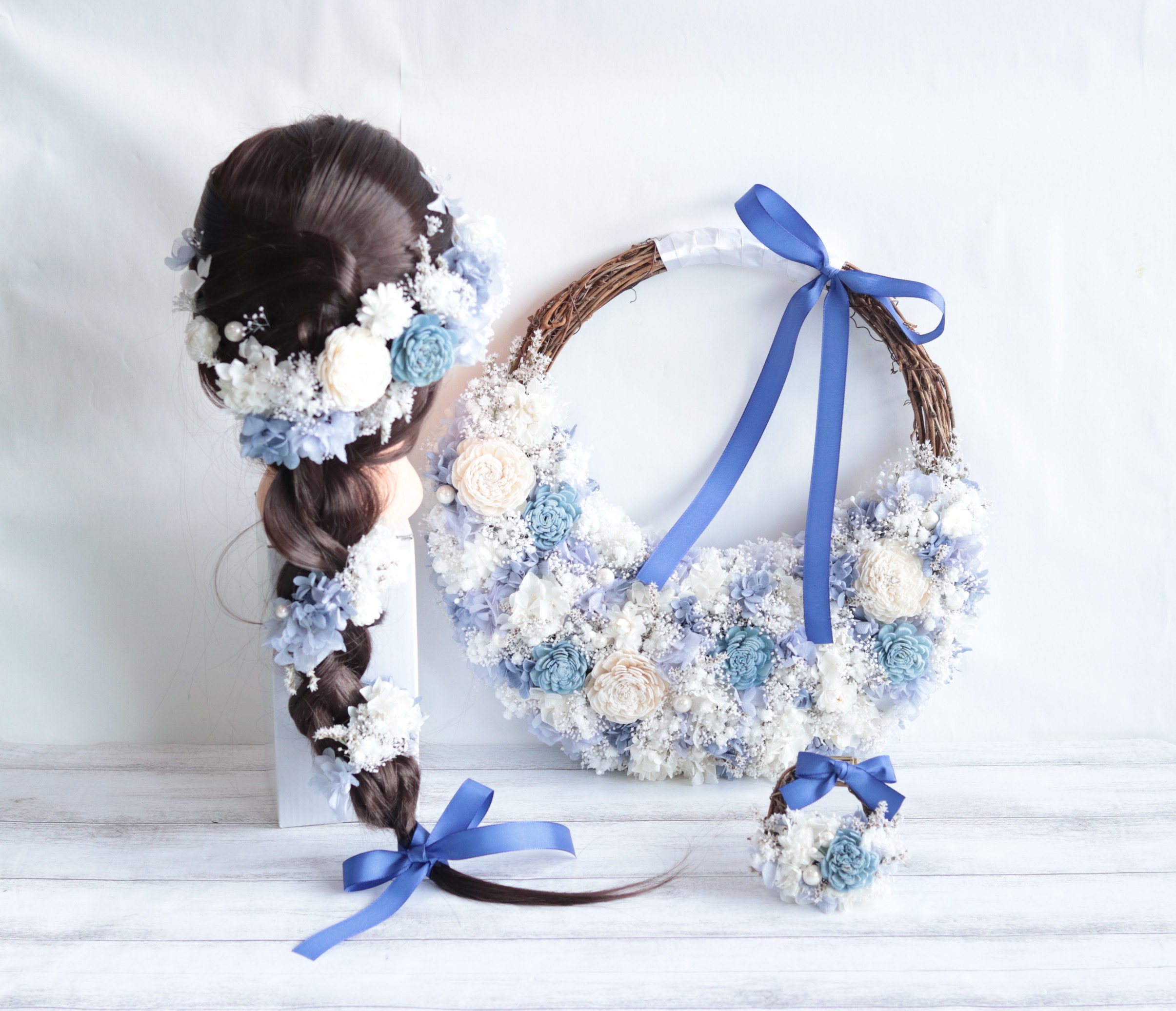 海のナチュラルリースブーケ・ヘッドドレス・リース型ブートニア３点セット＊プリザーブドフラワー＊カラーオーダーＯＫ