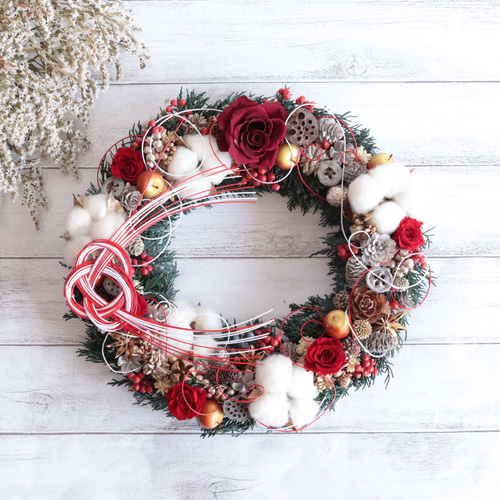 バラ&コットンフラワー+水引の大きめウェルカムリース(約30㎝・M