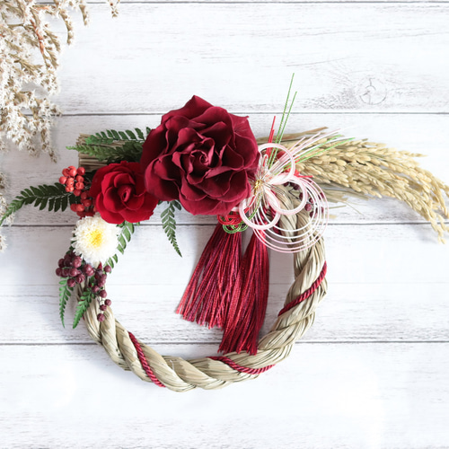 creema限定】稲穂付お正月飾り＊バラ×小菊完成品Mサイズ