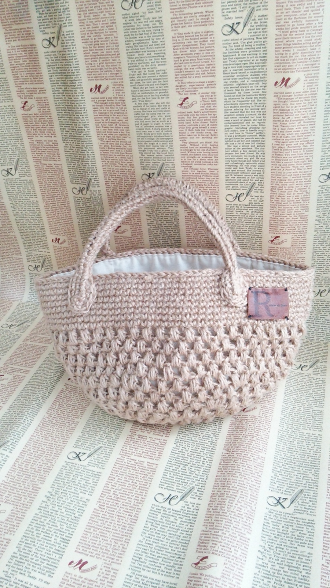 【たっぷり国産JUTE100％】松葉編み麻ヒモマルシェバッグ＊うち布付＊選べるイニシャル印字＊贈り物ギフトにも◎