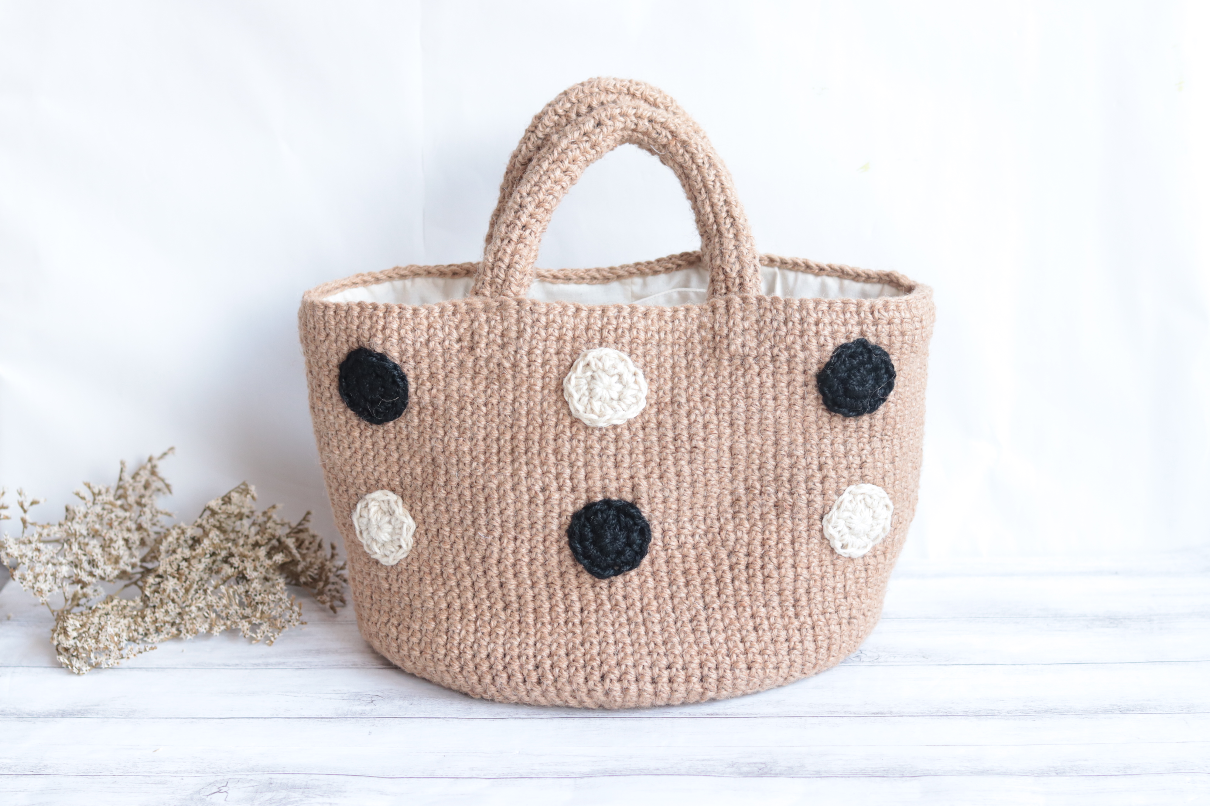 【たっぷり国産JUTE100％】麻ひもモノクロorマリン水玉マルシェバッグ＊うち布付＊贈り物ギフトにも◎＊受注製作