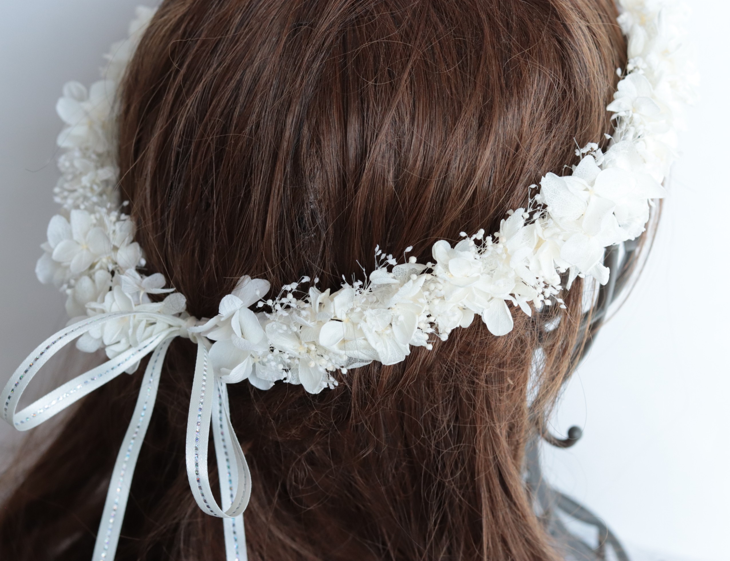 【カラーオーダーＯＫ】華奢な花冠&リストレット～霞みそうとアジサイ～＊アンティークホワイト＊プリザーブドフラワー