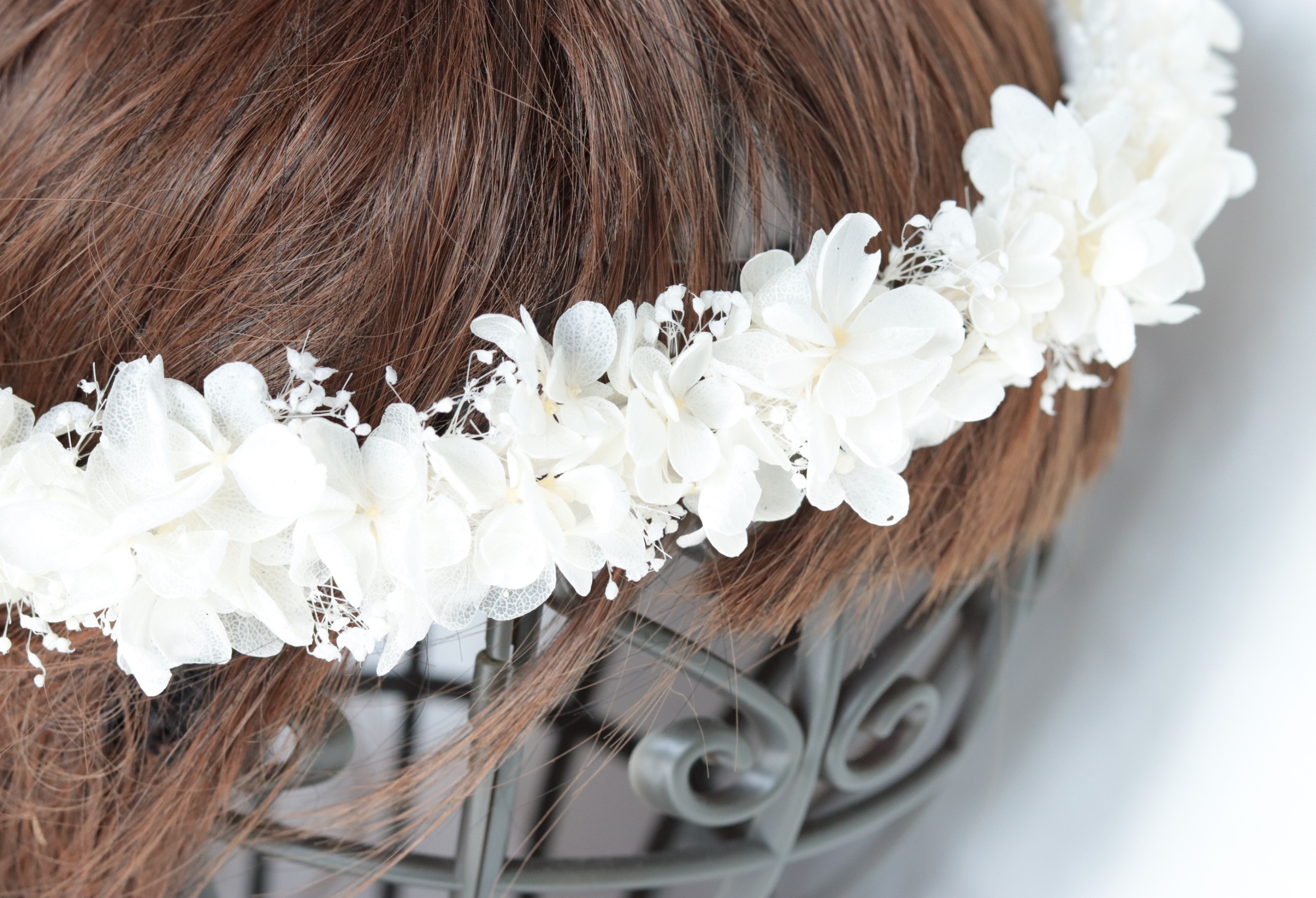 【カラーオーダーＯＫ】華奢な花冠&リストレット～霞みそうとアジサイ～＊アンティークホワイト＊プリザーブドフラワー