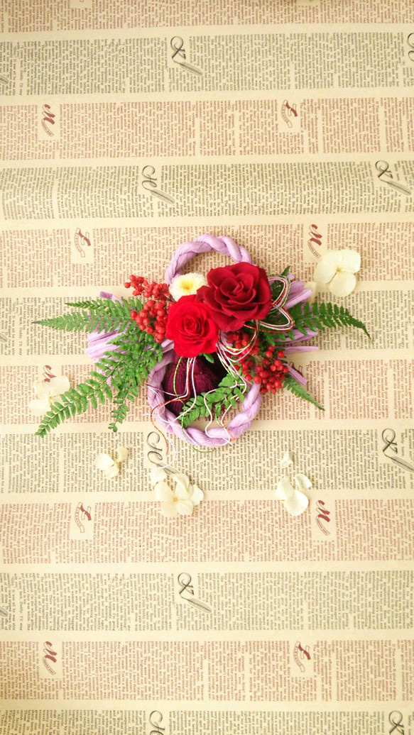 【早割】バラ×小菊のお正月飾り＊八の字ローズピンク＊プリザーブドフラワー 1枚目の画像