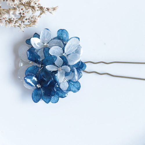 銀かんざし　花と波の模様 オリジナル箱入り ガラスのような紫陽花の簪＊プリザーブドフラワー＊クリスマス