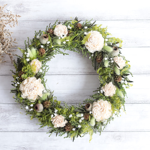 大きめナチュラルwelcomeリース＊プリザーブドフラワー＊贈り物ギフト