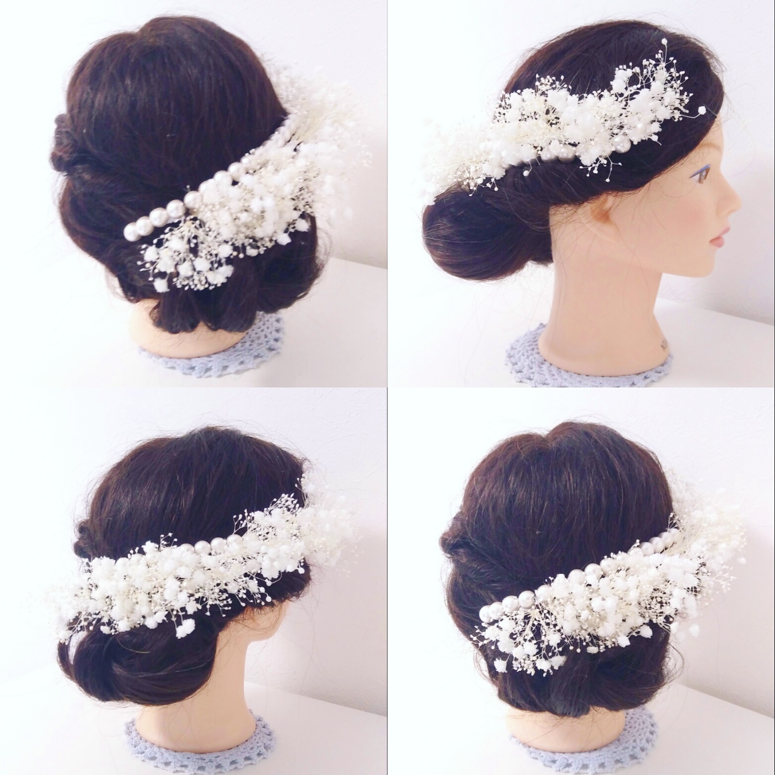 2連大粒コットンパールとカスミソウのハーフ花冠＊プリザーブドフラワー＊イエロー・ブルーの色違いもご相談ＯＫ