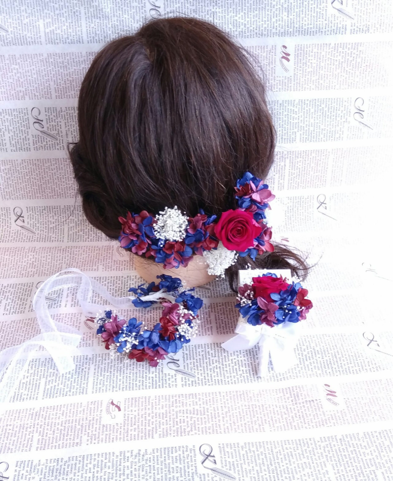 アジサイ×バラ×オーロラカスミソウのヘッドドレス・ブートニア・リストレット３点セット＊カラーオーダー制