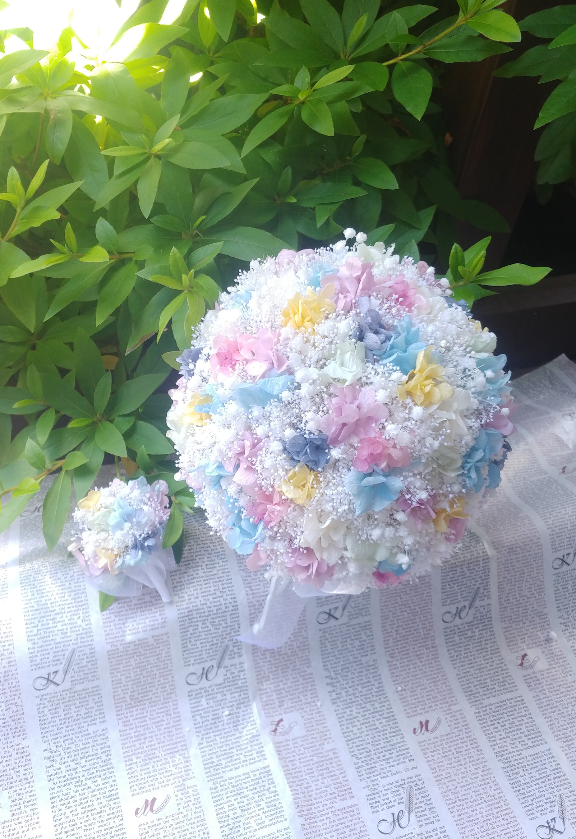 カラーオーダー制＊カスミソウ×アジサイmixのラウンドブーケMセット＊プリザーブドフラワー