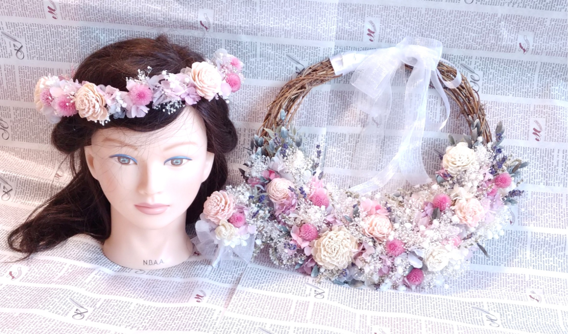 ご希望のデザインオーダーＯＫ！ナチュラルリースブーケ&ブートニア&花冠３点セット＊プリザーブドフラワー