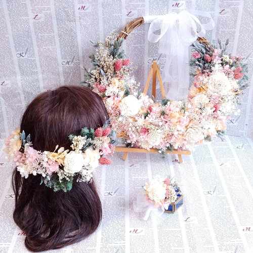 可憐リースブーケ、ブートニア、花かんむりセット
